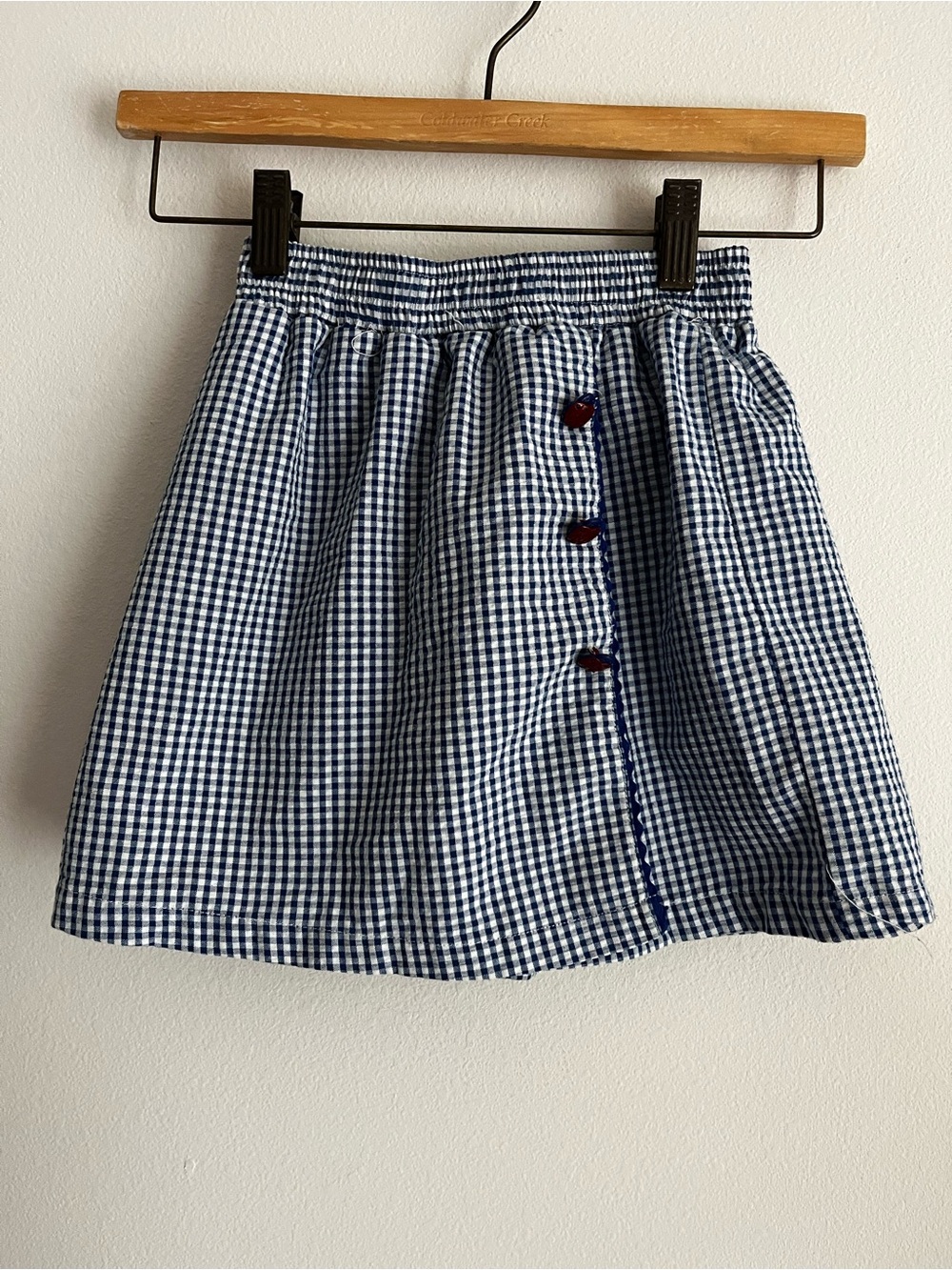 Expressions Navy and White Gingham Mini Skirt with Ladybug Button Accents